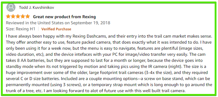 REXING USA Woodlens H1 trail camera customer review, 5 out of 5 stars.