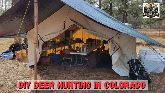 DIY Deer Hunting featured image with a photo of the inside of our cook tent in our DIY Hunting camp