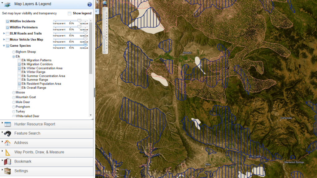 Image from Colorado Hunting Atlas mapping resource showing elk concentrations and migration routes