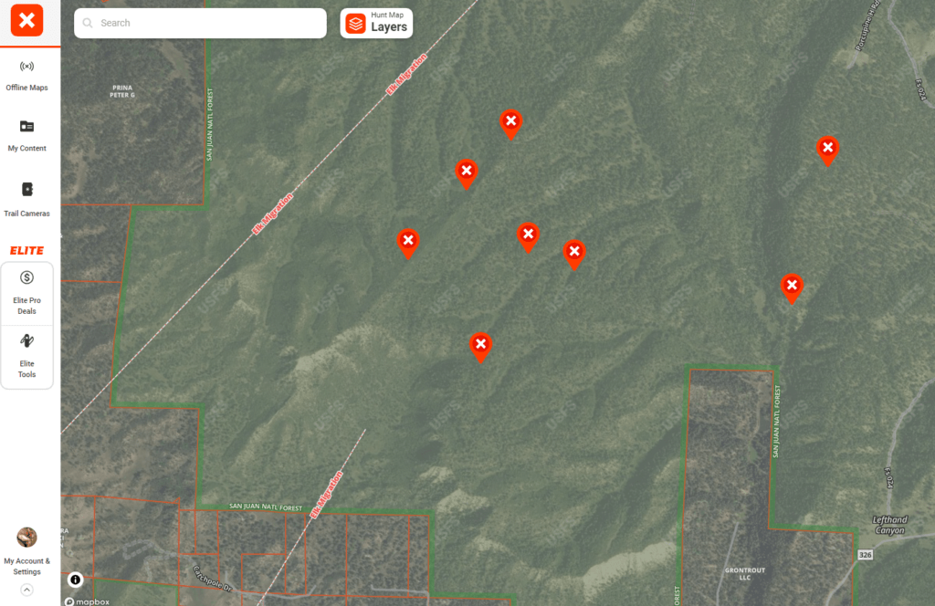 on X hunt map example showing land ownership and way points