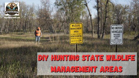 Hunter wearing a blaze orange vest walking across a meadow with a State Wildlife Management Area sign in the foreground