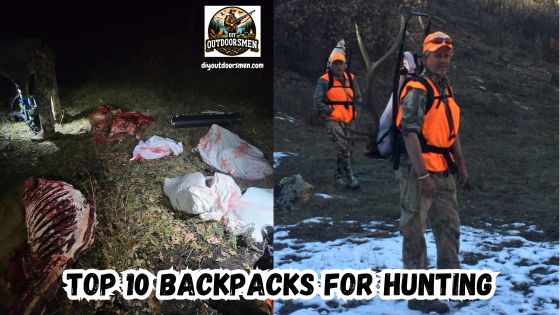 Top 10 Backpacks for Hunting - Image of an elk quartered and ready to pack out next to an image of two hunters with meat loaded in their packs