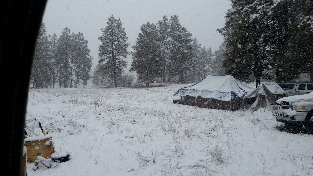 Hunting trip weather can change quickly as in this picture with snow on our hunting camp