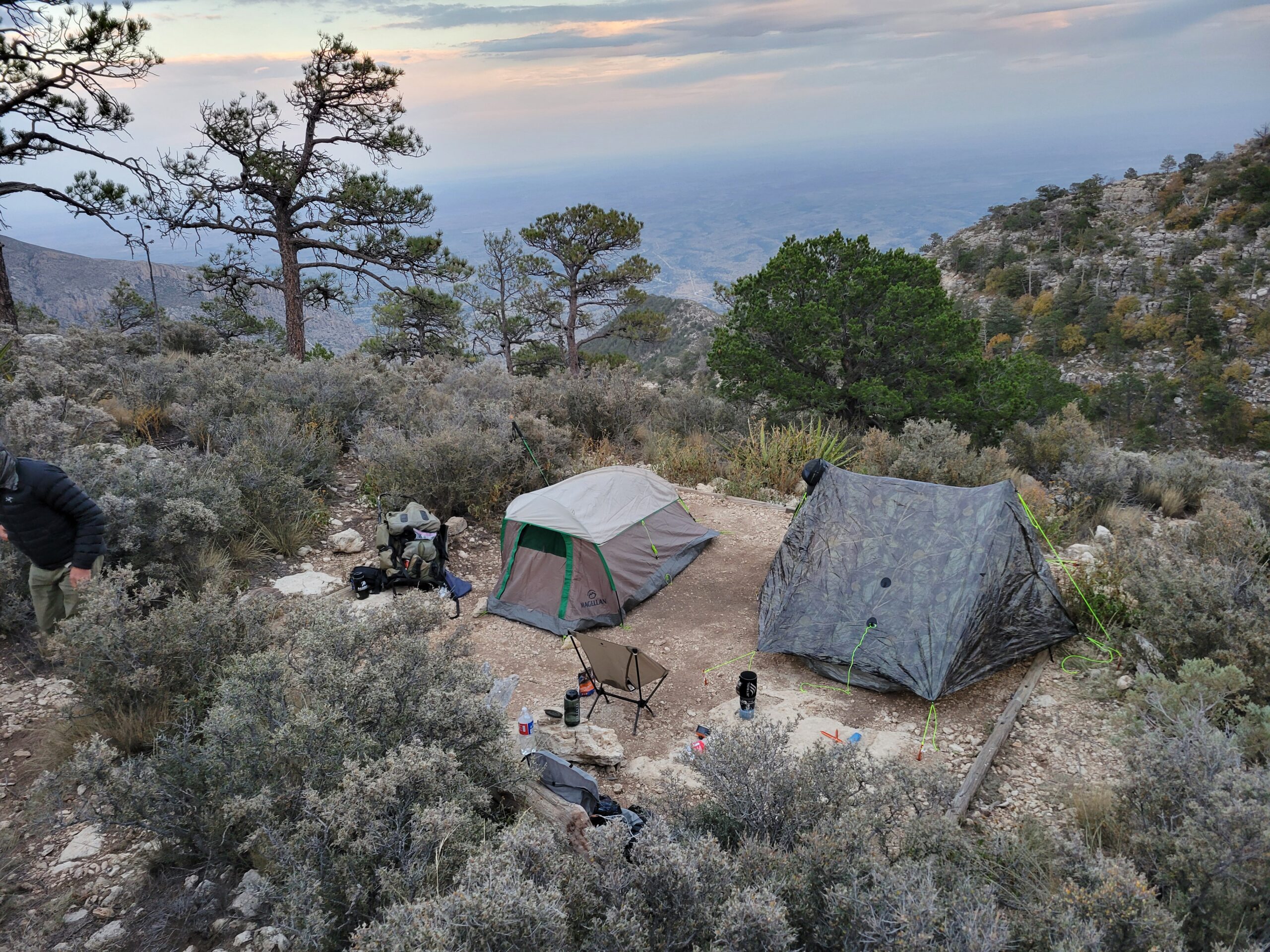 photo of campsite with two backpackers tents set up in Guadalupe Peak National Park