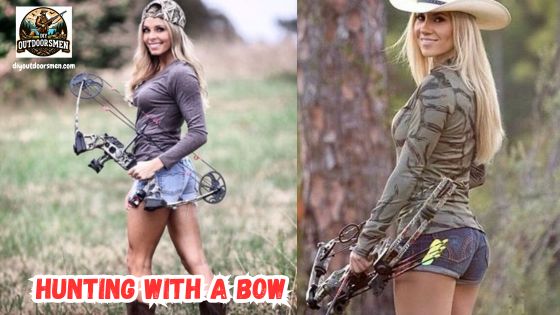 Hunting big game with a bow - the image of two lady hunters in the woods with their hunting bows.