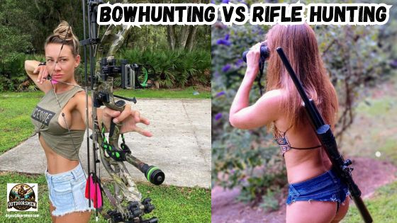 Bow hunting vs rifle hunting images of one lady drawing her hunting bow and another glassing for game with her rifle slung over her shoulder.
