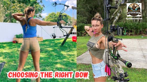 Choosing the right bow - two lady bowhunters at full draw as the practice their archery shooting skills.