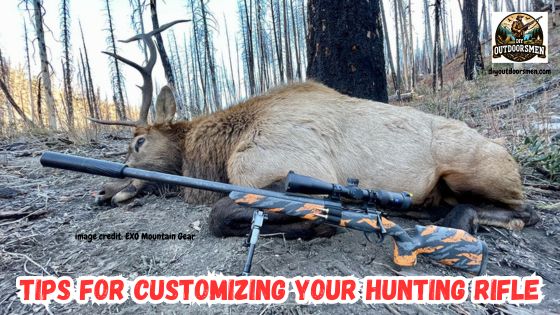 Customized hunting rifle next to a nice bull elk with the forest in the background