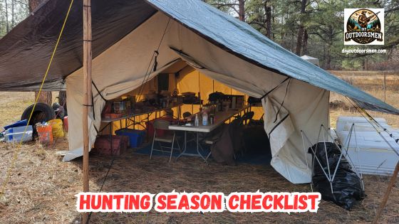 hunting season checklist - image of the inside of a fully set up wall tent with tables, chairs, stoves, and food.