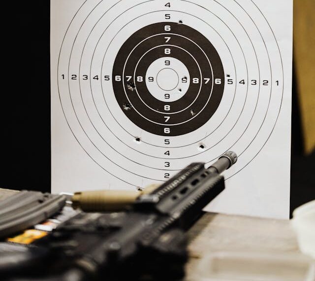 Photo of a rifle target with a rifle on a table in the foreground