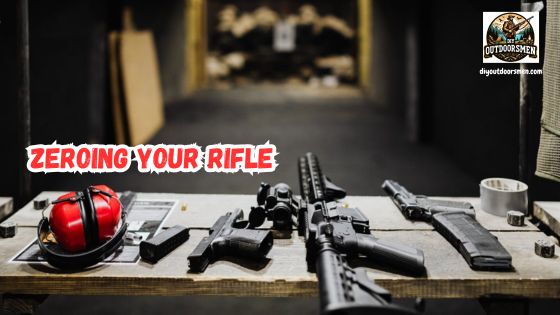 Zeroing your rifle - the image of a table that has a rifle, pistol, ammo, ear protection, and tools. The target can be seen in the distant background.