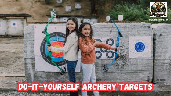 DIY archery targets with two young girls and their bows standing in front of the targets