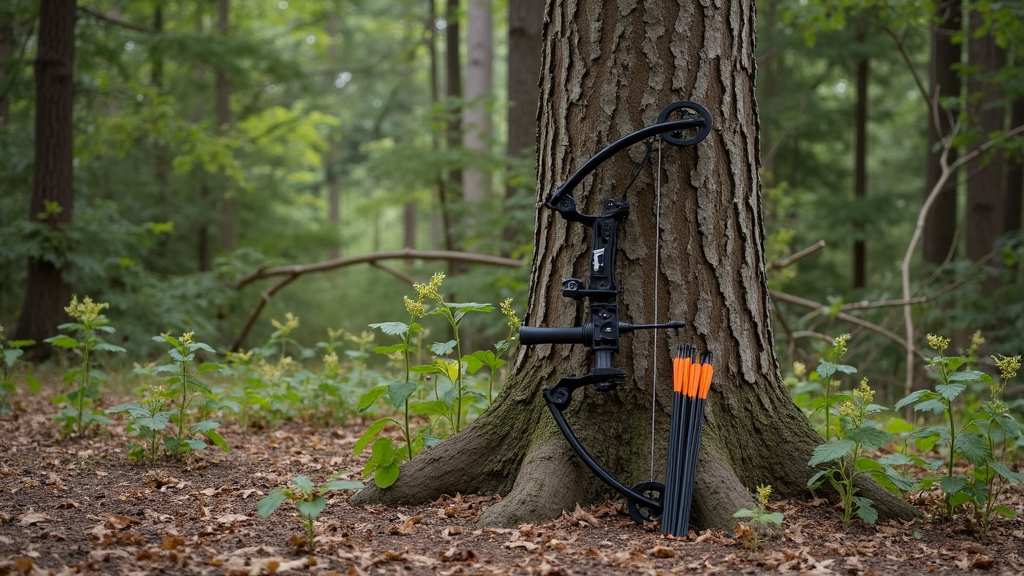 bow and arrow on a resting tree branch in a forest