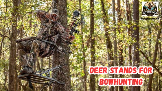 Deer stands for bowhunting featured image showing a bowhunter in a tree stand drawing his bow