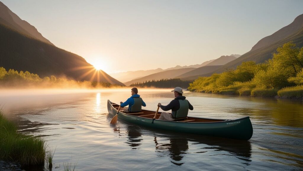 Image of two people in a canoe on a mountain lake paddling towards the sunrise.