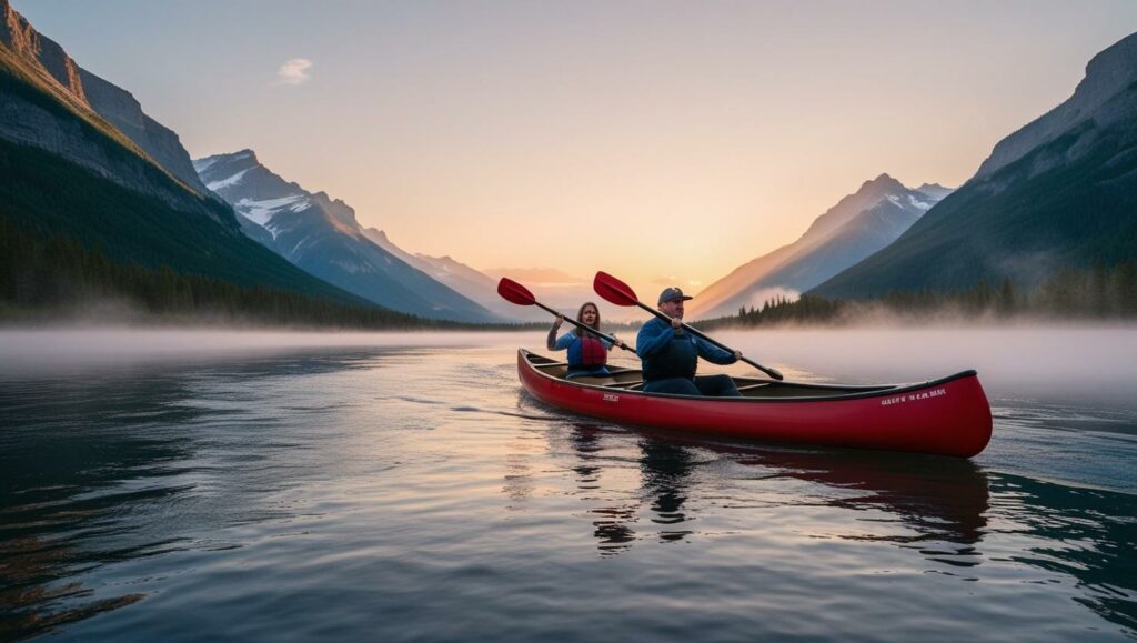 Man and woman paddling a canoe across a mountain lake with dawn breaking in the background.