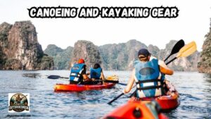 Canoeing and Kayaking Gear featured image showing a group of kayakers paddling in the bay with islands in the background.
