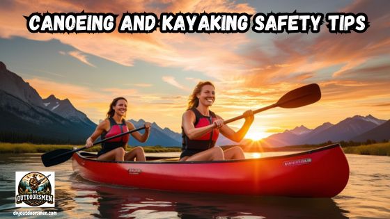 Canoeing and Kayaking Safety Tips featured image showing two ladies paddling a canoe across a lake with the sun rising in the background.