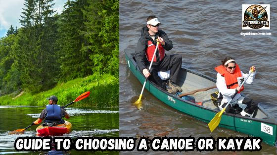 Choosing a Canoe or Kayak featured image showing a man paddling down river in a kayak and a mom and her daughter paddling a canoe.