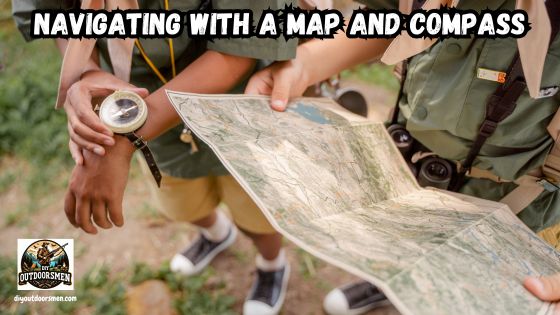 navigating with a map and compass featured image showing a group of boy scouts with map opened and taking a compass bearing.