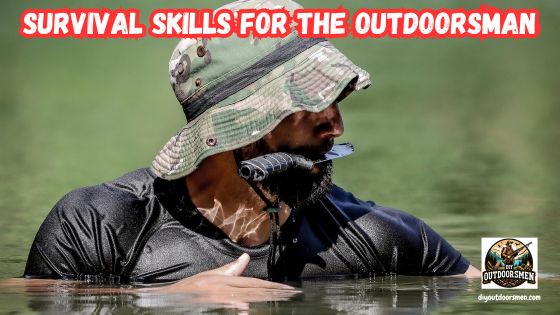 Survival Skills for the DIY Outdoorsman featured image showing man in camouflage wading up to his chest in water holding a knife between his teeth.