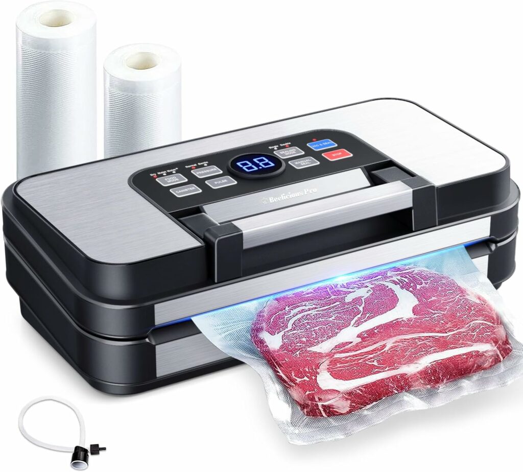 95 kpa Vacuum Sealer for food showing the machine sealing some steaks.