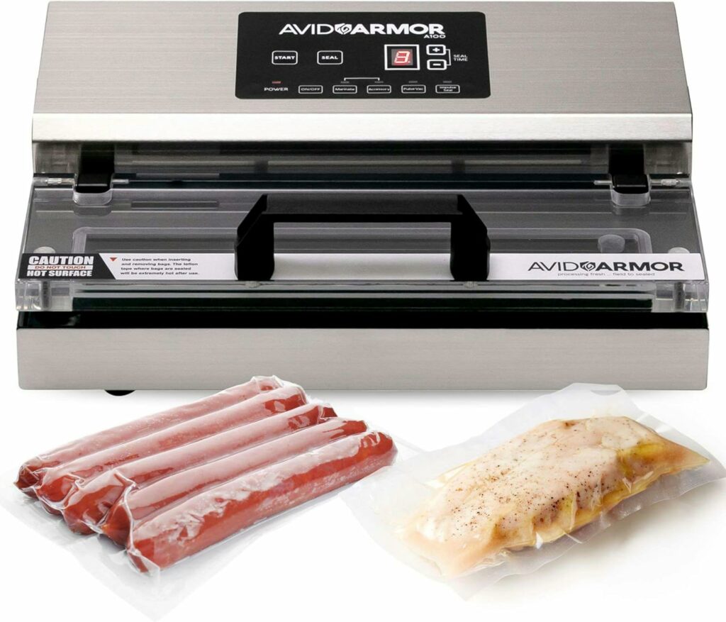Avid Armor Vacuum Sealer with a package of sausage and chicken sealed.