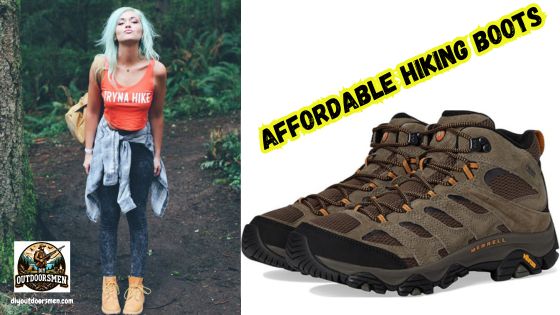 Affordable Hiking Boots feature image showing a pair of Merrell Hiking Boots next to a photo of a lady hiker.