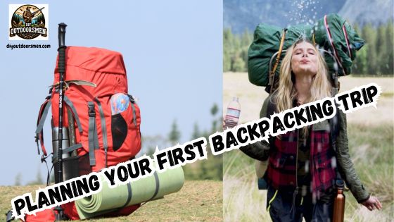 Planning Your First Backpacking Trip featured imaage showing young lady backpacker squirting water into the air with her pack on her back next to an enlarged image of a fully loaded backpack on the ground.