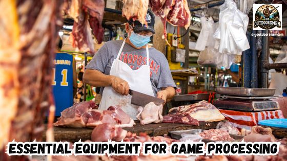 Essential Equipment for Game Processing featured image showing a man cutting meat and various cuts of meat on his table and hanging from hooks.