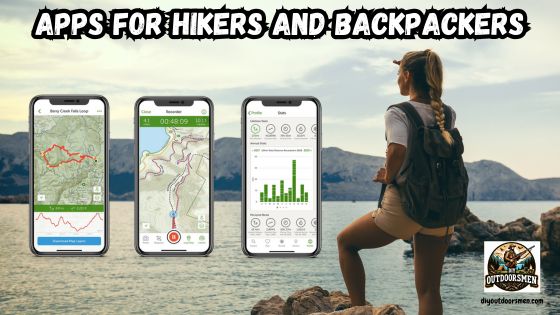 Apps for Hikers and Backpackers featured image showing a lady hiker standing on a boulder overlooking a lake in the mountains with an overlay image of 3 smartphone screens showing various hiking apps.