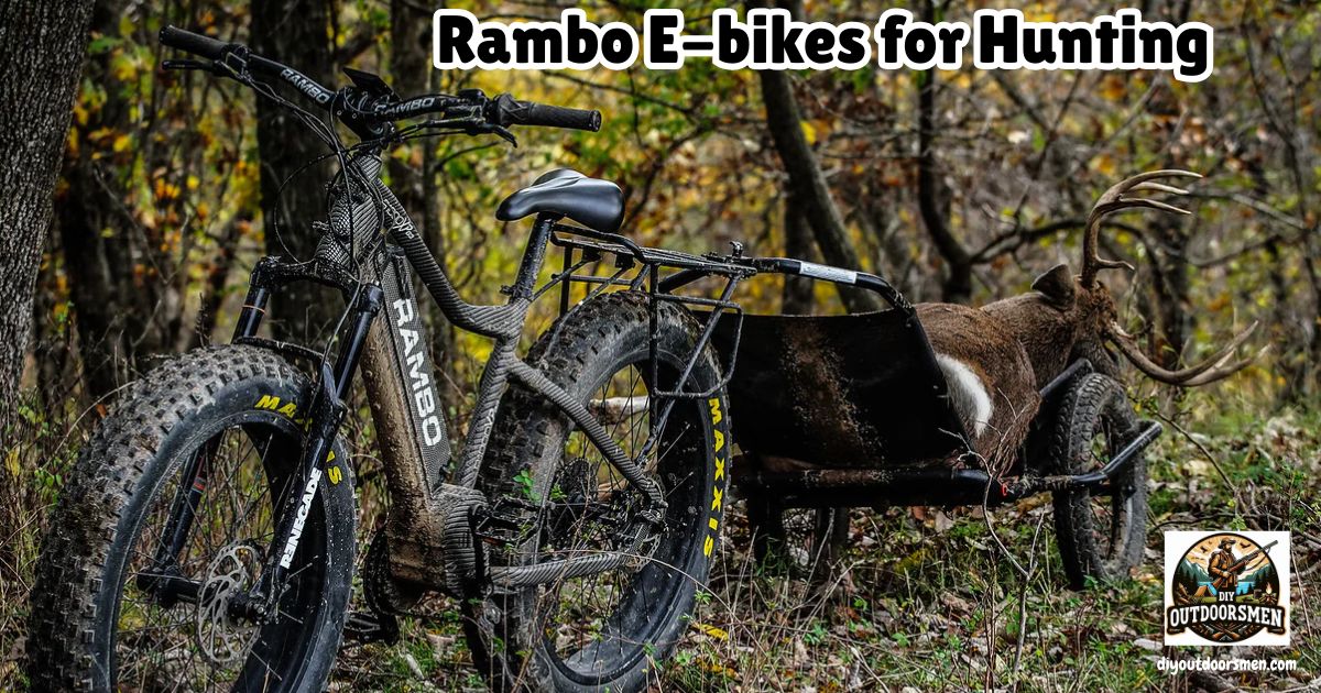 Rambo E-bikes for Hunting featured image showing the Rambo Hunting E-Bike pulling the game cart accessory loaded with a nice whitetail buck.
