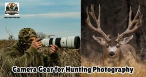 Camera gear for hunting photography: a featured image of a photographer, dressed in camo, taking photos with a camera and telephoto lens from a prone position.