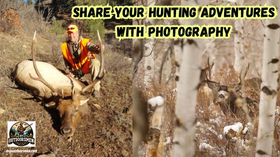 Sharing Your Hunting Adventures Through Photography featured Image showing Rex McMahon kneeling next to a nice bull elk, and a photo of a large mule deer buck standing in an aspen grove.