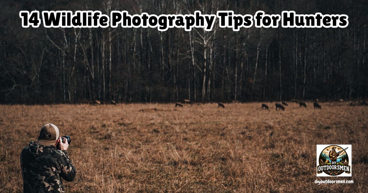 Wildlife Photography Tips for Hunting featured image showing a photographer standing at the edge of a field and photographing a herd of deer feeding in the field.
