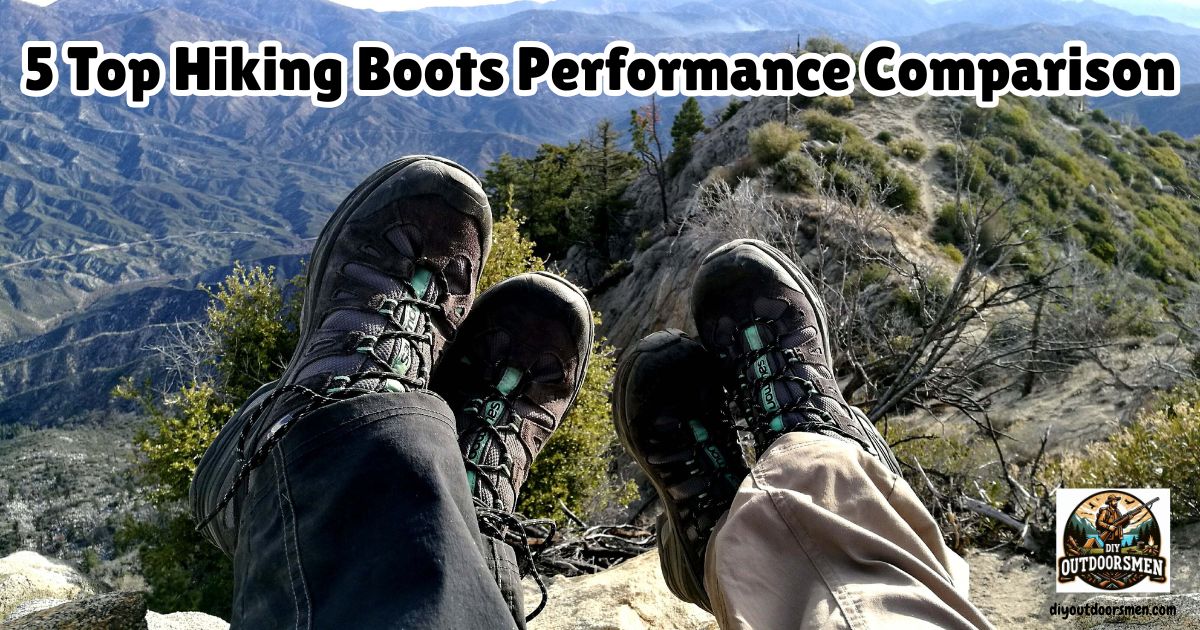 Hiking Boots Performance Comparison: Featured image showing two sets of hiking boots on the feet of two hikers overlooking a mountain hiking trail.