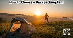 The How to Choose a Backpacking Tent featured image shows a man standing on a hillside just outside his backpacking tent and watching the sunrise over the mountain.