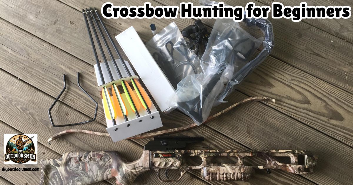 Crossbow Hunting for Beginners Featured Image showing a crossbow kit spread out on a table.