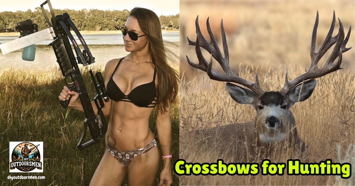 Crossbows for Hunting Featured Image showing a lady hunter with her crossbow next to an image of a large Mule Deer buck.