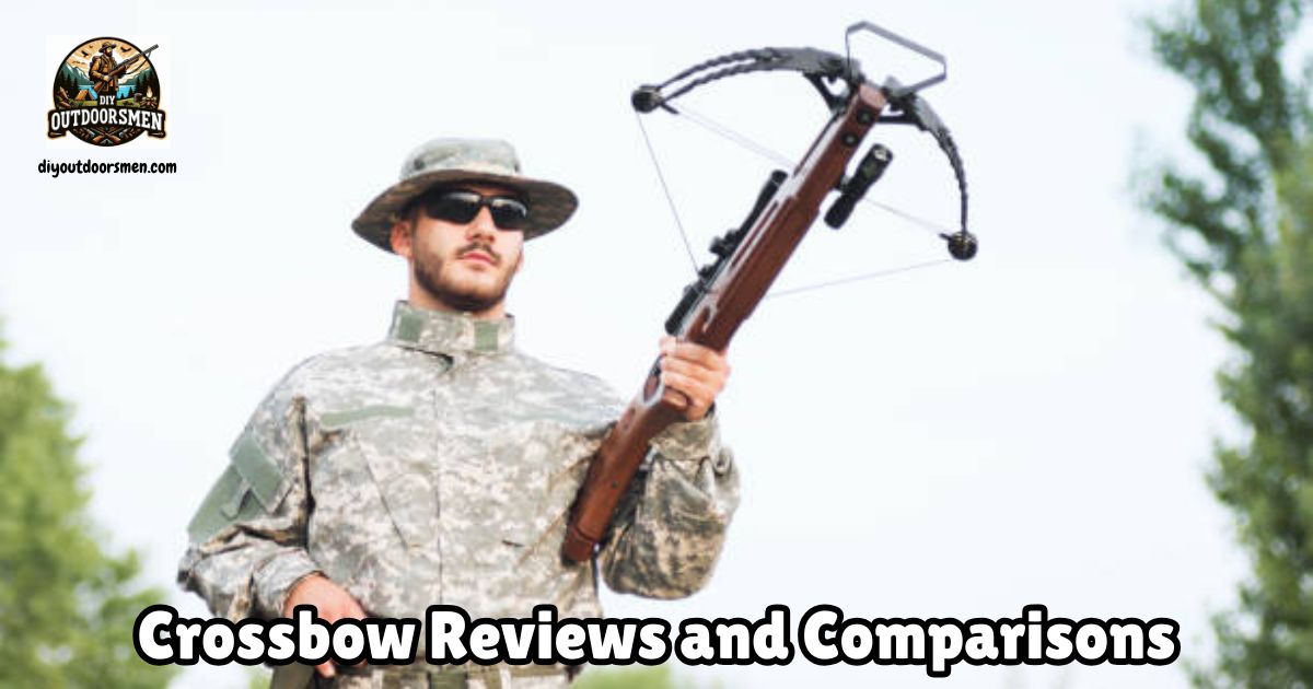Reviews and Comparisons of Hunting Crossbows featured image showing a camoflaged hunter holding his crossbow as he walks through the woods.