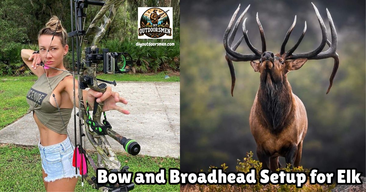 Bow and Broadhead Setup for Elk Hunting featured image showing a lady bowhunter practicing her shooting form next to an image of a large bull elk bugling.