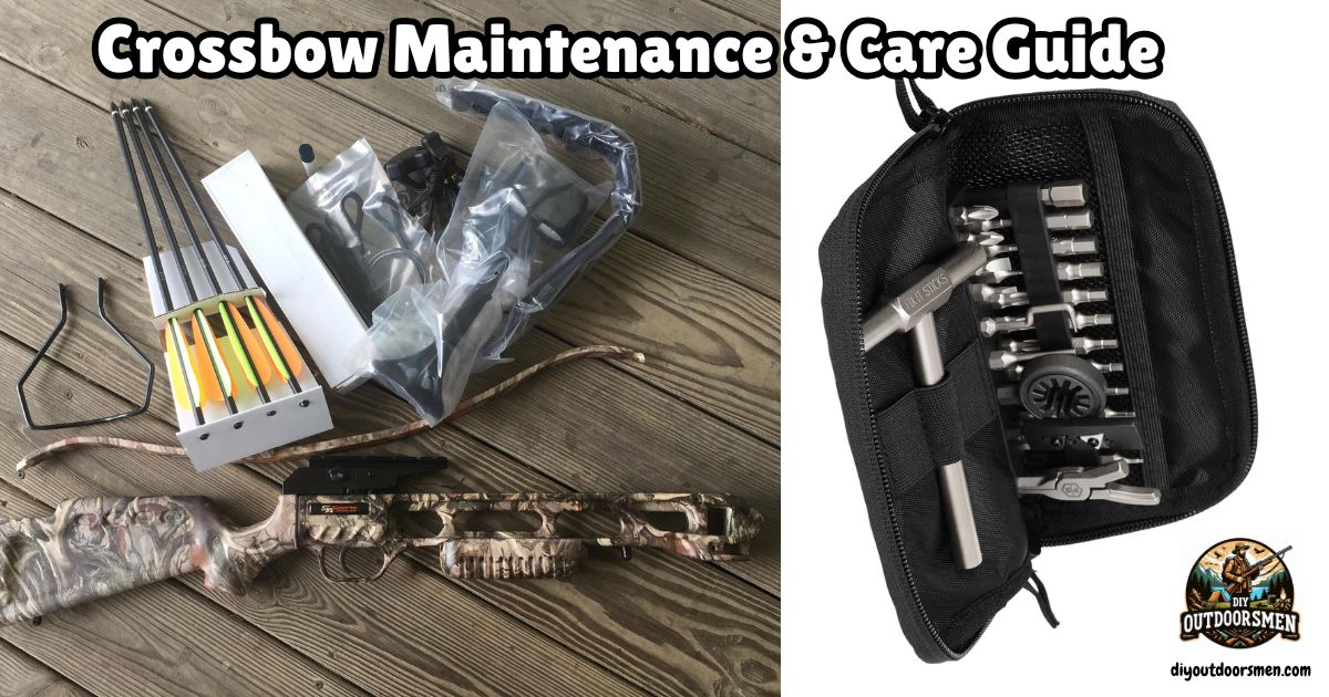 Crossbow Maintenance and Care Guide Featured image showing a disassembled crossbow next to an image of a crossbow tool kit.