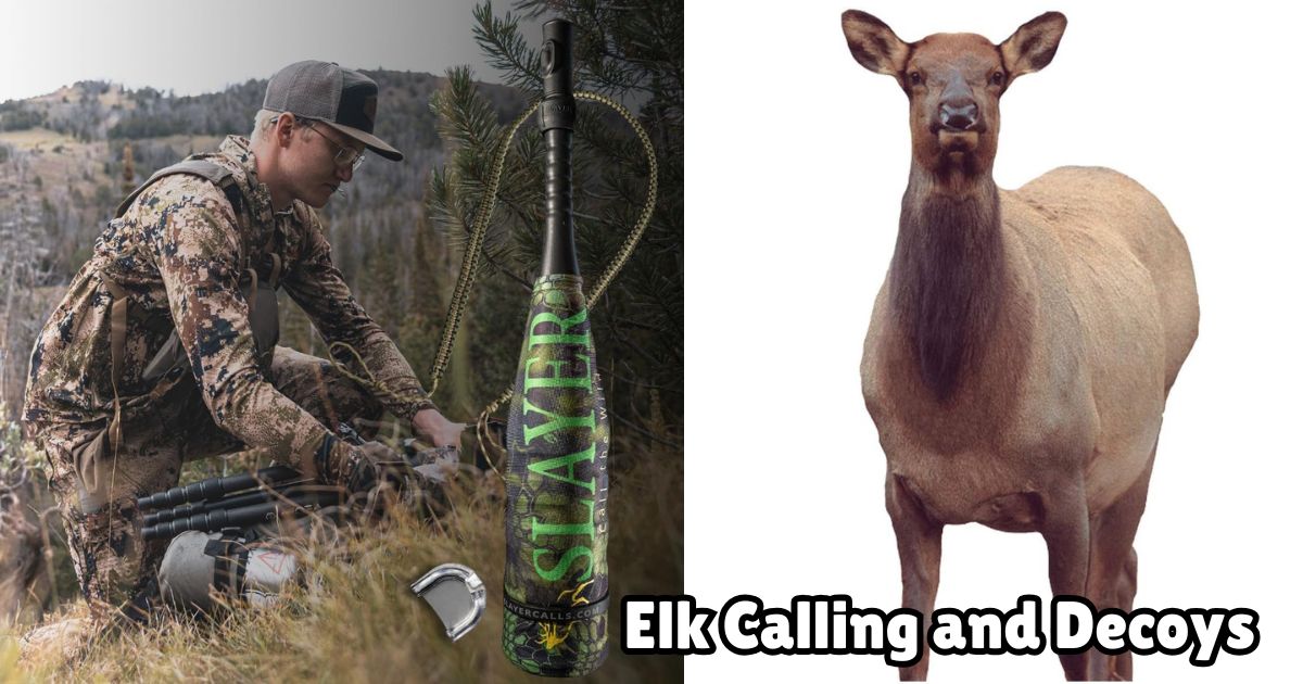 Elk Decoy and Calling Tips featured image showing a Montana Elk Decoy next to an image of a bowhunter with his Slayer Elk Call.