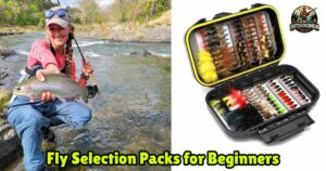 Fly Selection Packs for Beginners featured image showing a lady angler kneeling in a stream holding a nice rainbow trout next to an image of a fly fishing fly assortment pack.