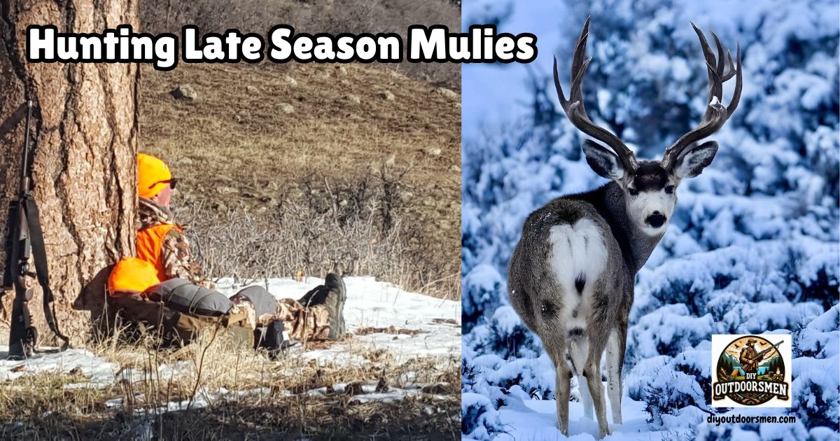Late-Season Mule Deer Hunting Tips featured image showing Jerry Gerwick sitting on a hillside and an image of a large mule deer buck standing in a snowy meadow.