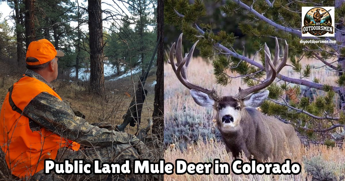 Best Public Land Mule Deer Hunting in Colorado featured image showing a hunter, Ken Kuhn, sitting and watching a mountain meadow next to an image of a large mule deer buck standing in an open field.