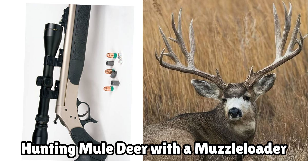 Hunting Mule Deer with a Muzzleloader featured image showing a large mule deer buck bedded in the tall grass next to an image of a muzzleloader rifle with a scope.