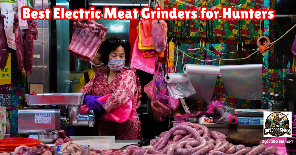 Best Electric Meat Grinders for Hunters featured image showing a lady processing meat through an electric grinder and making sausage.