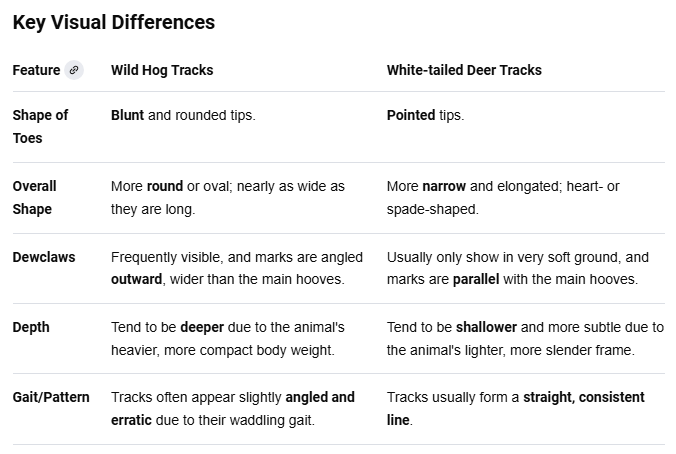 Differences between wild hog and deer tracks chart.