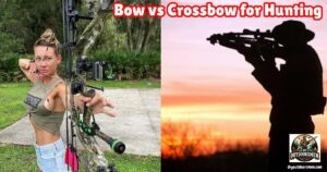 Bow vs Crossbow featured image showing a lady archer at full draw with a compound bow, next to a hunter aiming his crossbow.